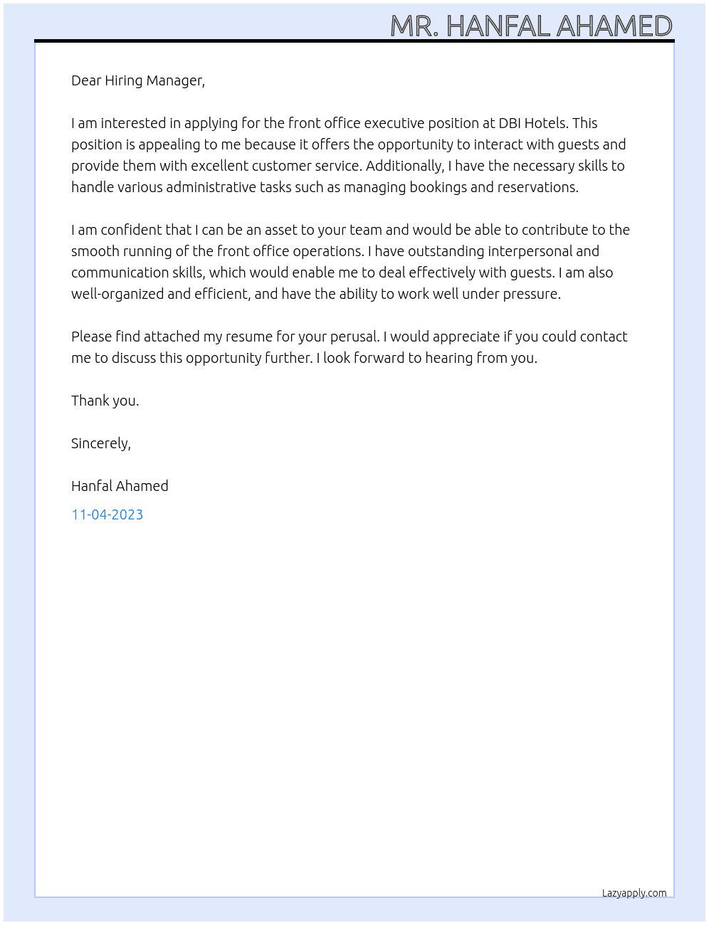 Front Office Executive At DBI Hotels Cover Letter