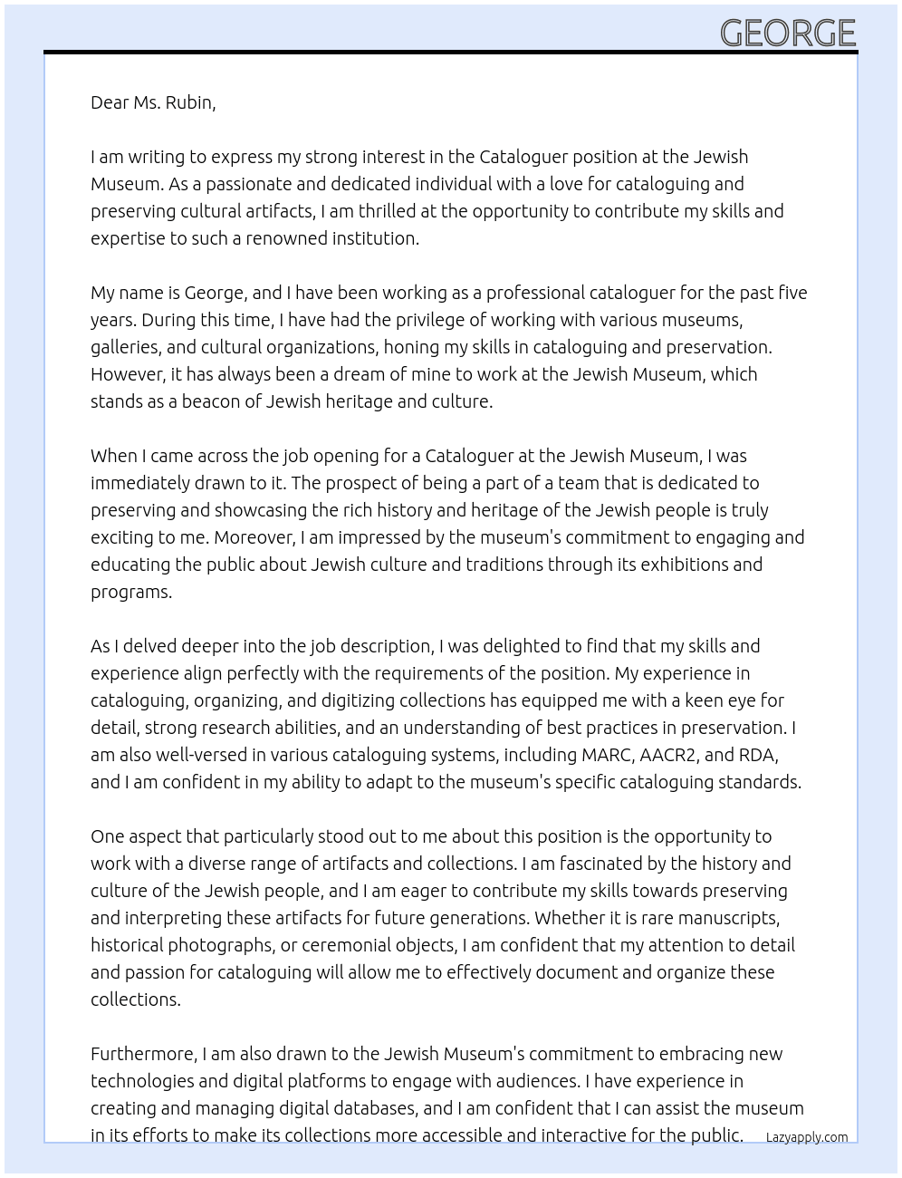 Cover letter for cataloguer - LazyApply