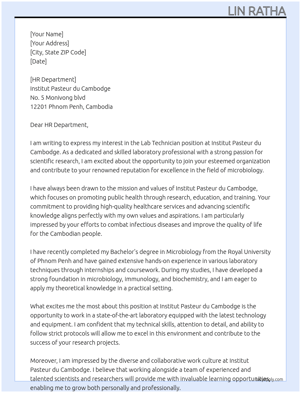 Lab Technician At Institute Pasteur du Cambodge Cover Letter