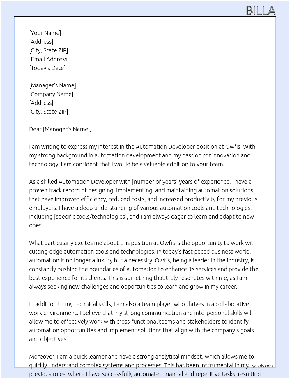 Automation Developer At Owfis Cover Letter