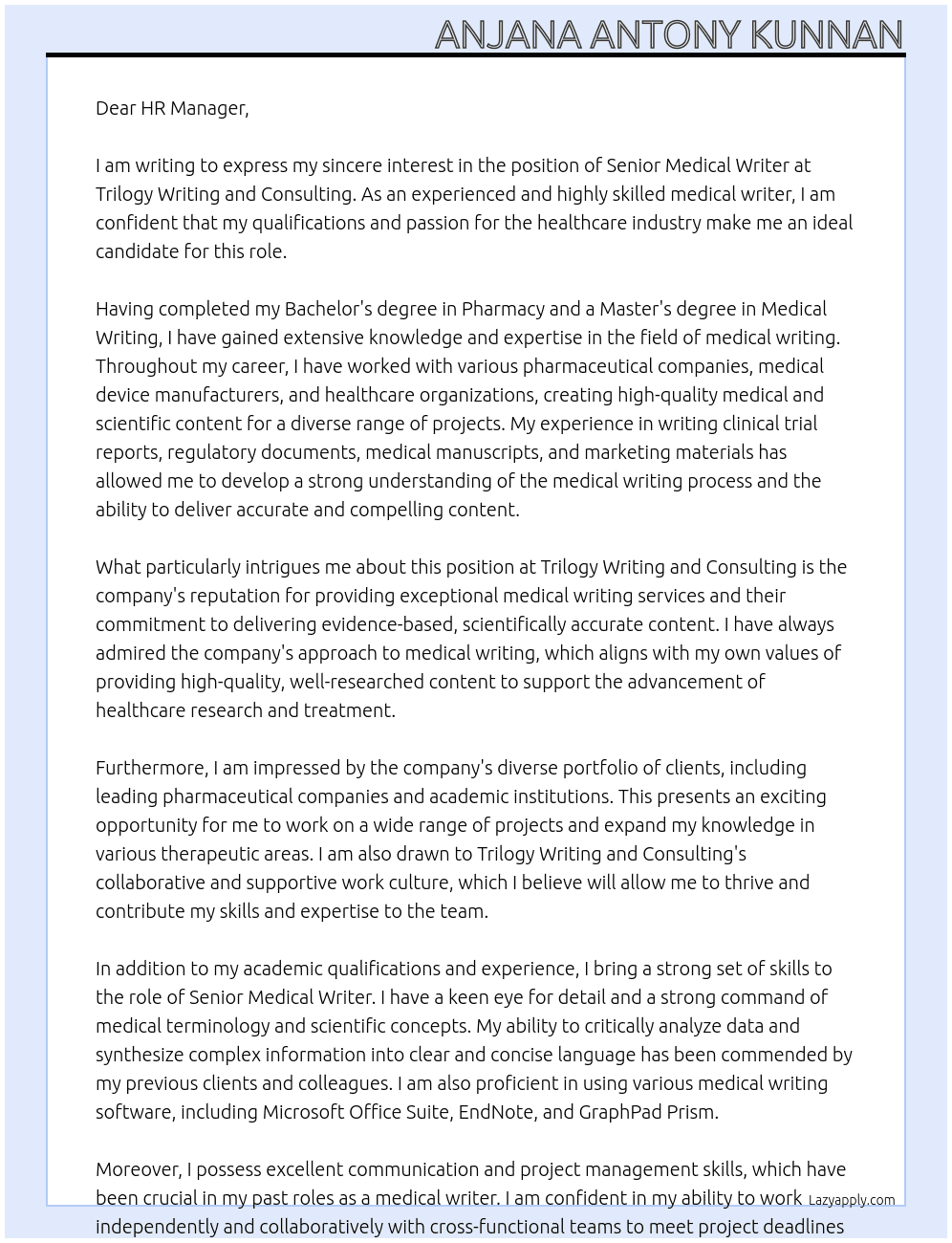 Senior Medical Writer At Trilogy Writing and Consulting Cover Letter