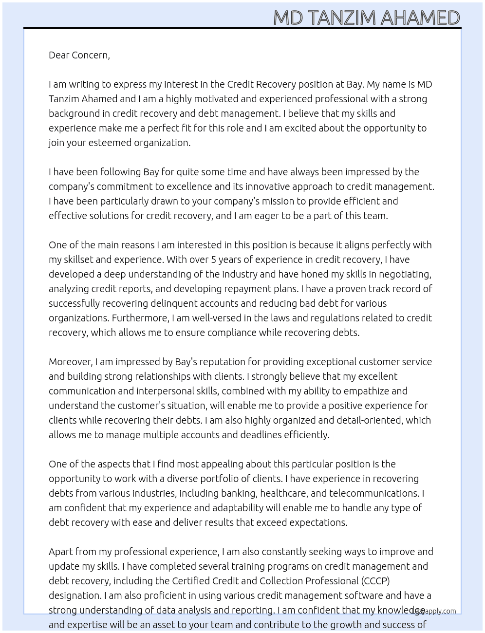 Credit Recovery  At Bay Cover Letter