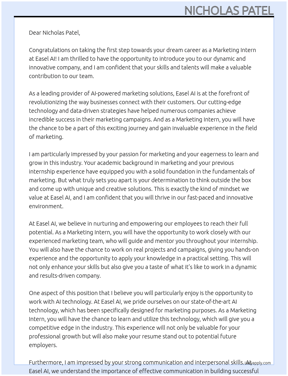 Marketing Intern  At Easel AI Cover Letter