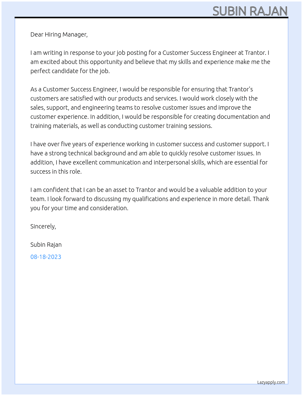 Customer Success Engineer At Trantor Cover Letter