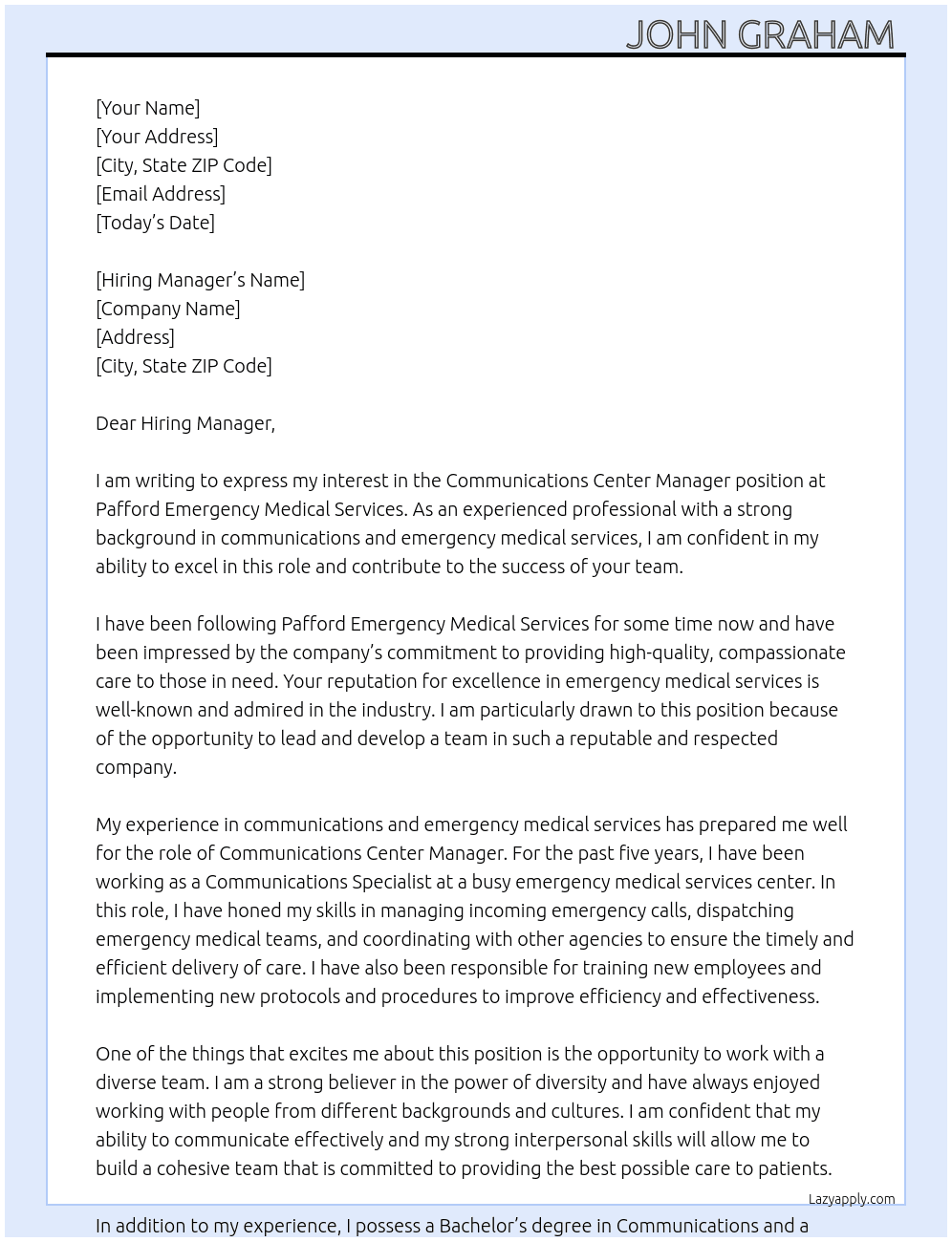 Communications Center Manager  At Pafford Emergency Medical Services  Cover Letter