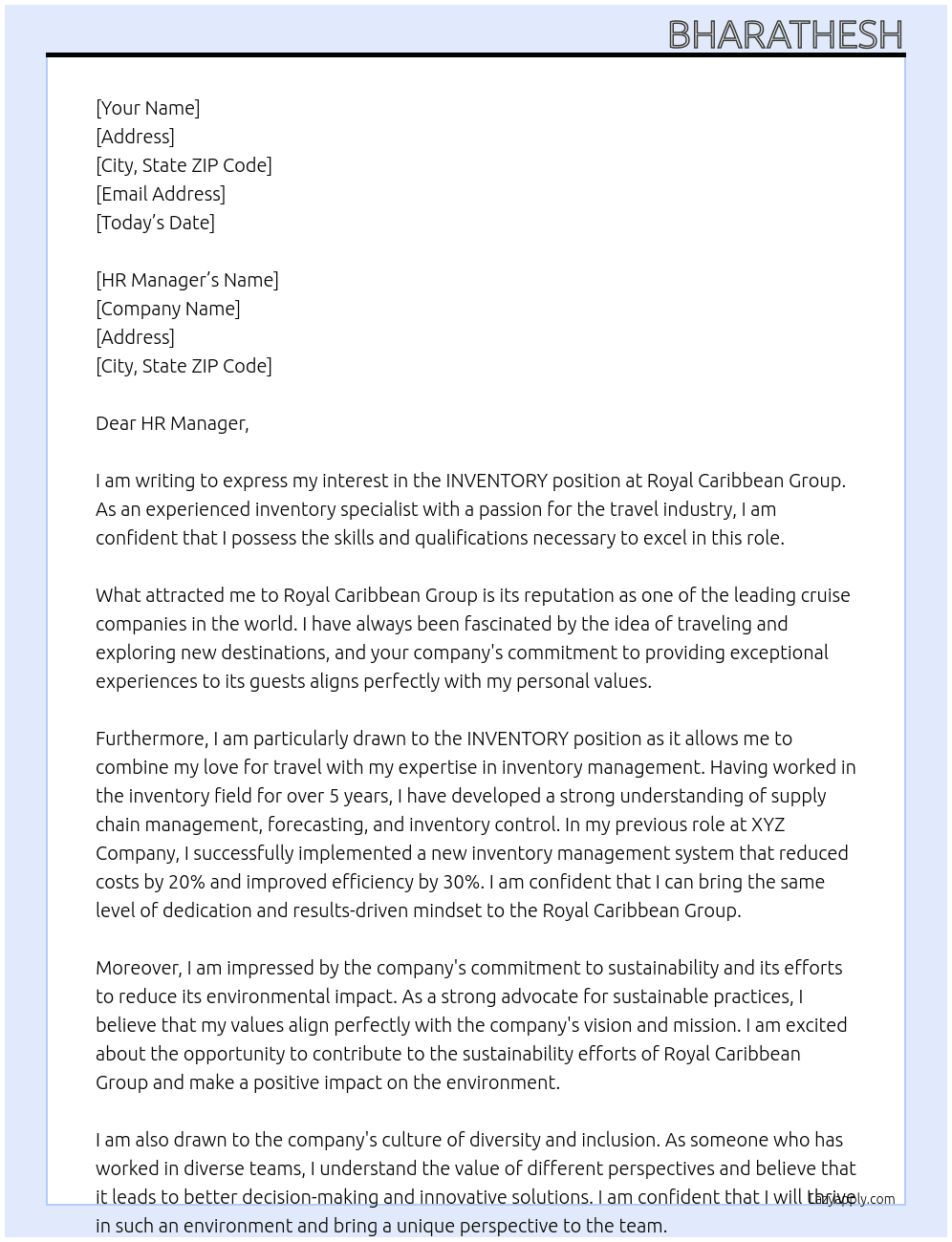 INVENTORY At Royal Caribbean group Cover Letter