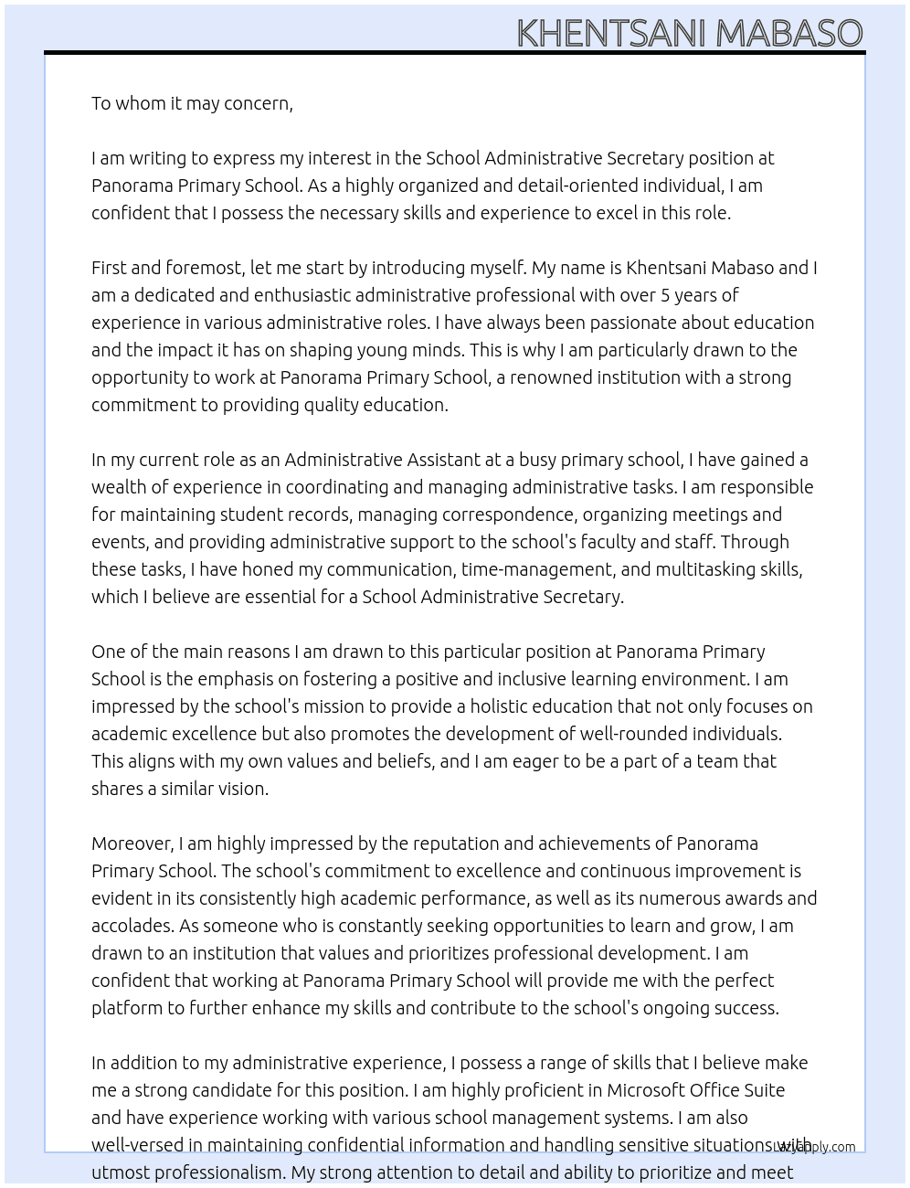 School Administrative Secretary At Panorama Primary School Cover Letter