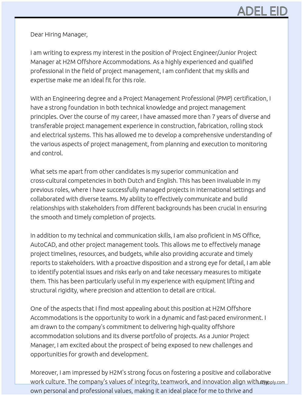 Project Engineer / Junior Project Manager At H2M Offshore Accommodations Cover Letter