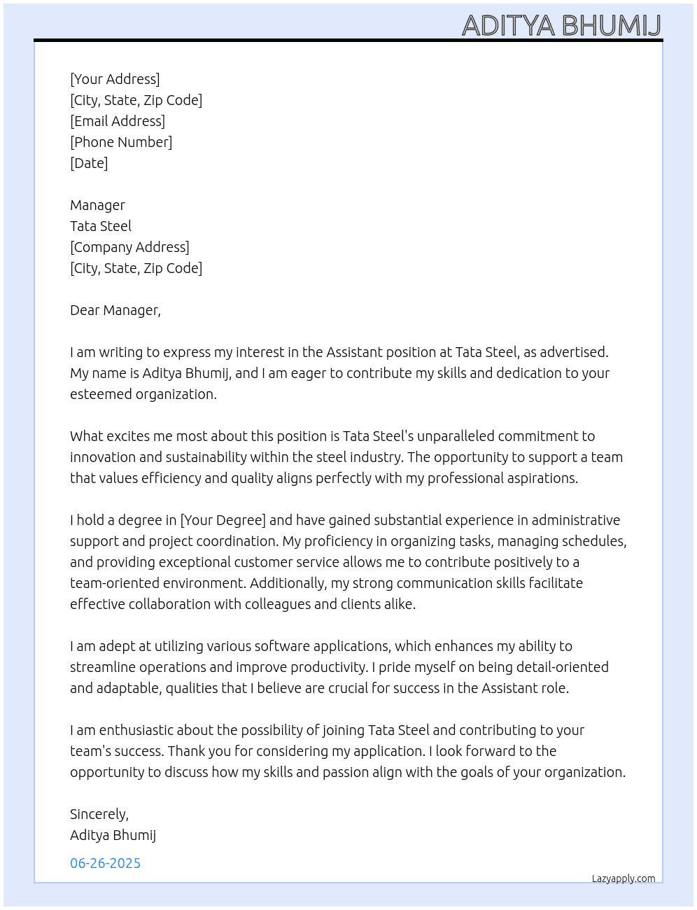 Assistant  At Tata steel  Cover Letter