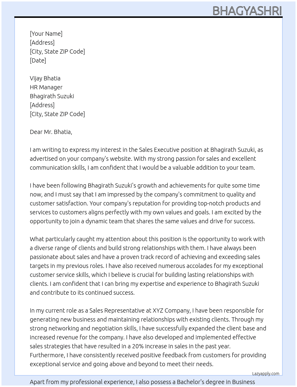 Sales Executive At Bhagirath Suzuki Cover Letter