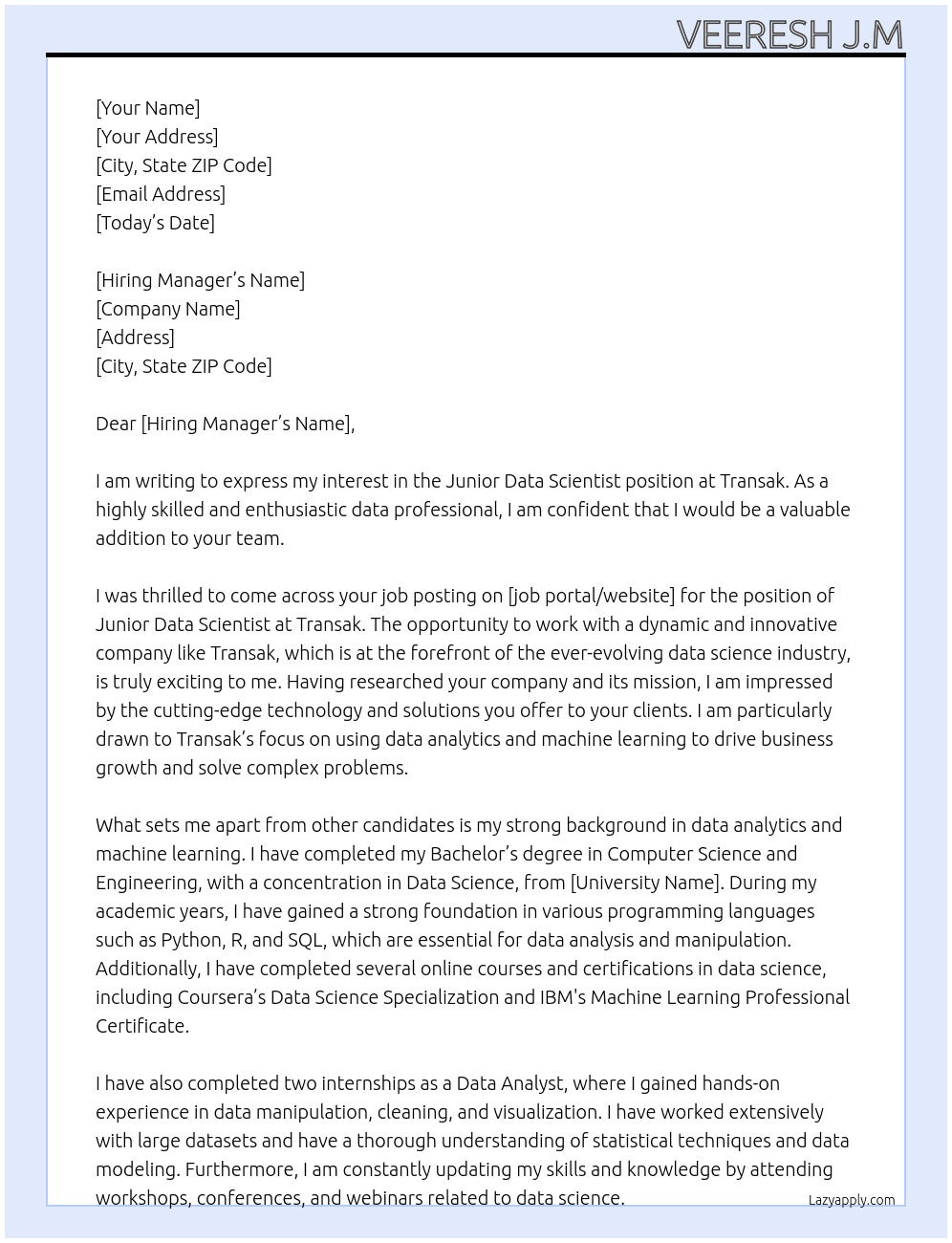 Junior Data Scientist  At Transak Cover Letter