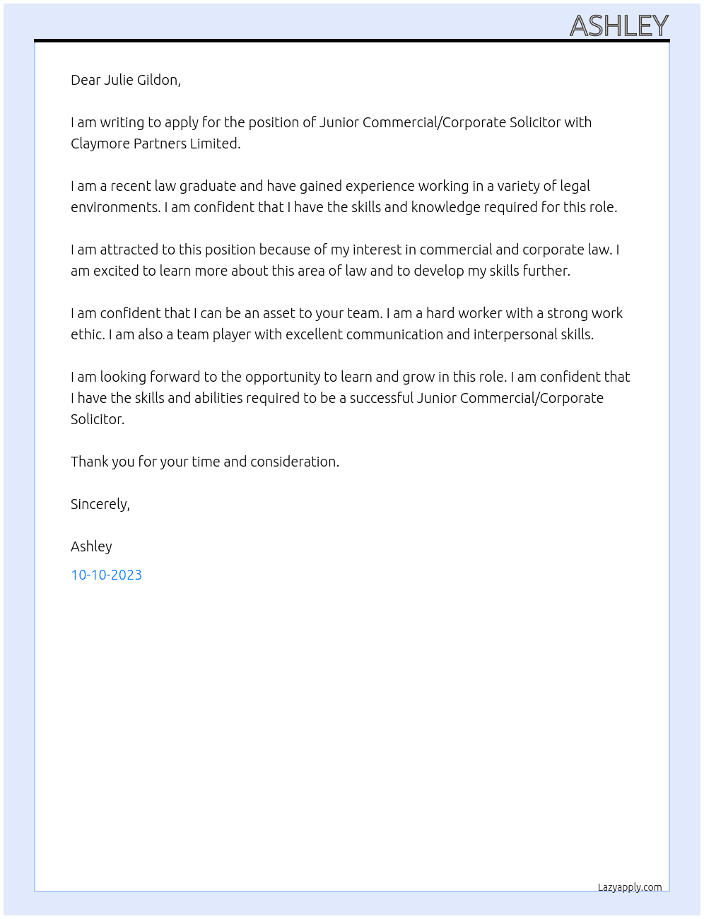 Junior Commercial/Corporate Solicitor  At Claymore Partners Limited Cover Letter