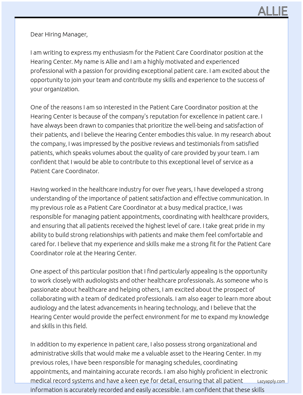 patient care coordinator At hearing center Cover Letter