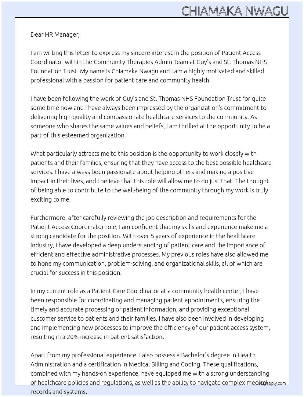 Patient Access Coordinator - Community Therapies Admin Team At Guy's and St. Thomas NHS Foundation Trust Cover Letter