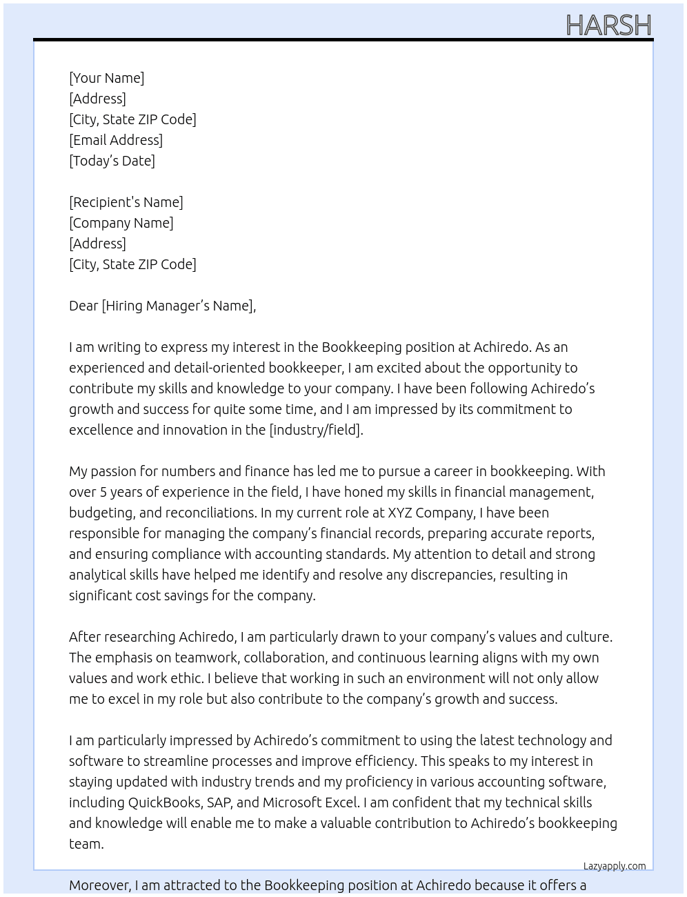 Bookkepping At Achiredo Cover Letter