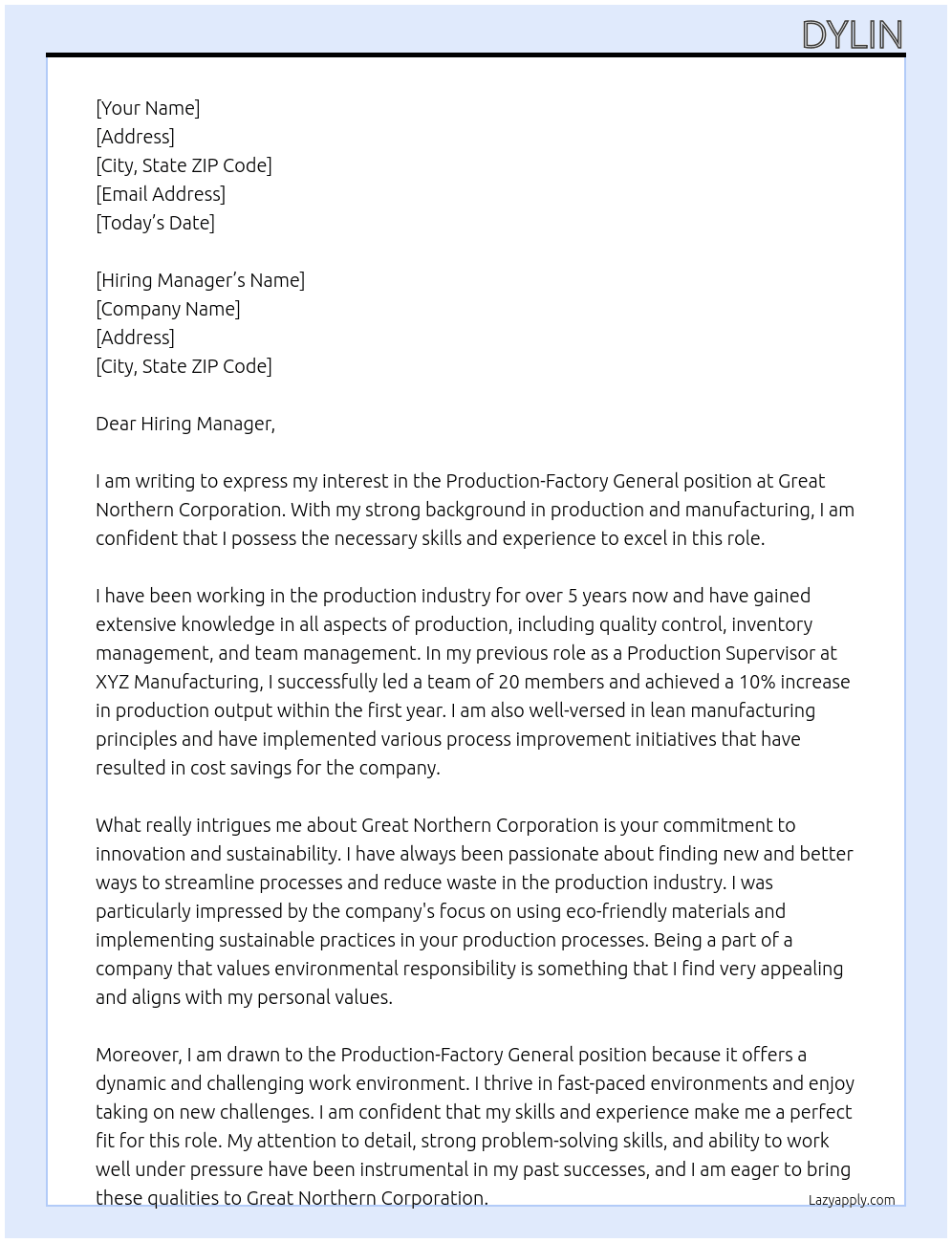 Production-Factory General At Great Northern Corporation Cover Letter