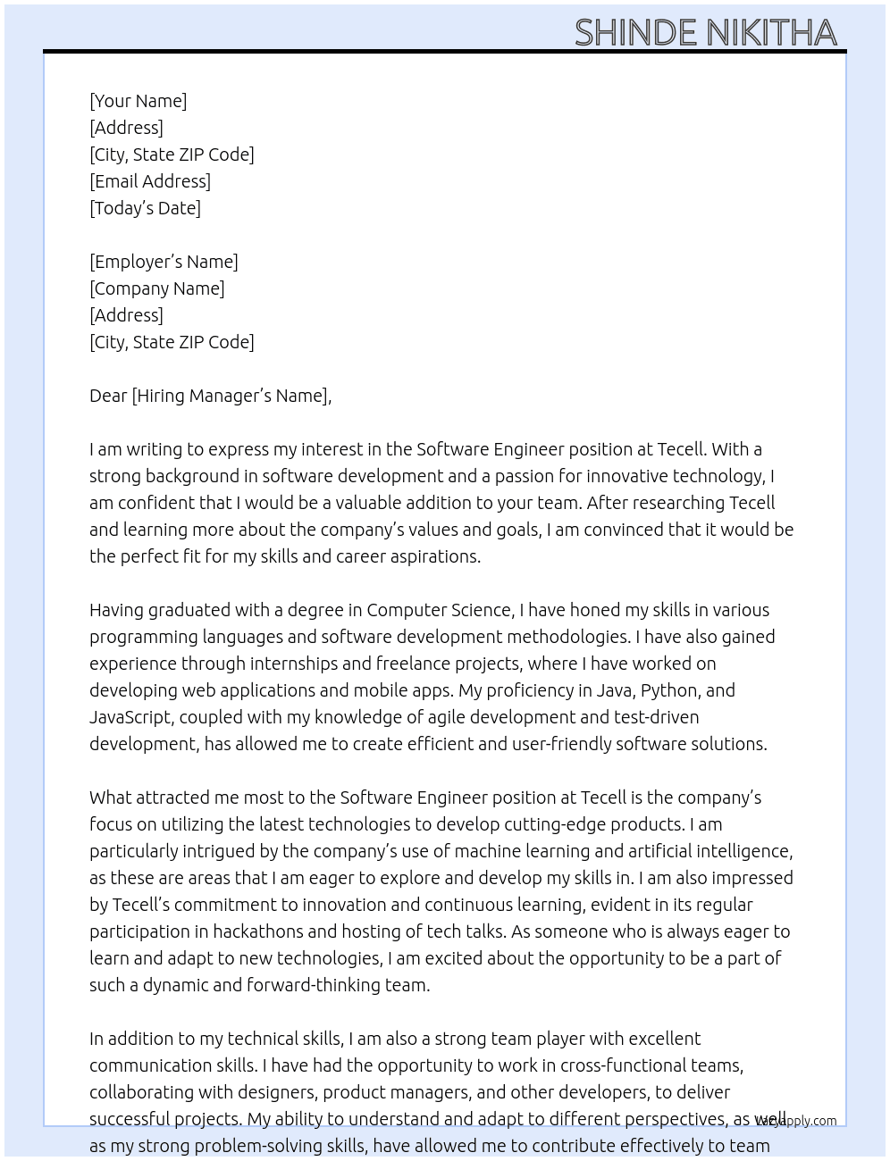 Software Engineer  At Tecell Cover Letter