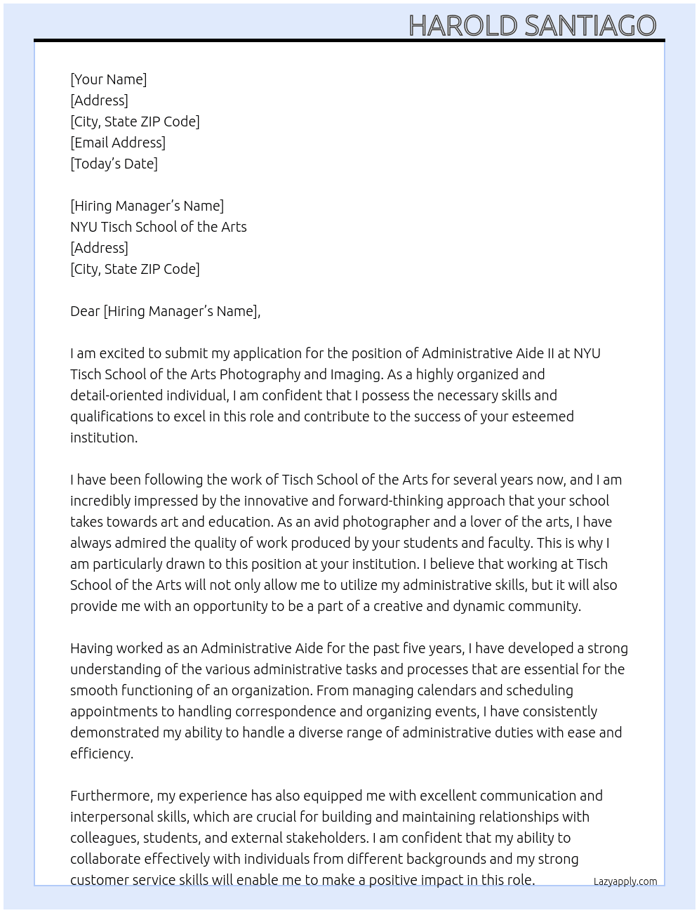 Administrative Aide II At Tisch school of the arts photography and Imaging Cover Letter