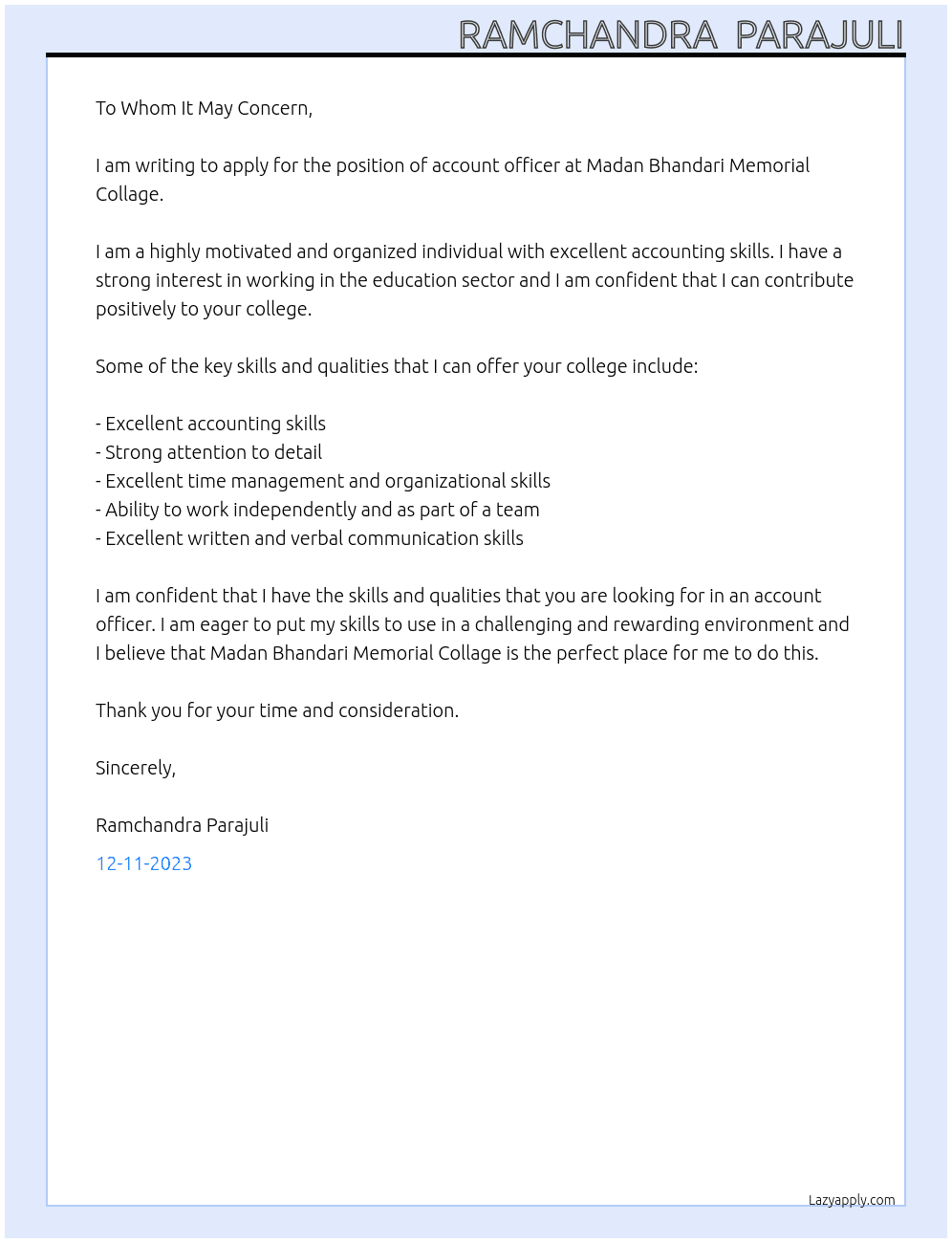 Account officer At Madan Bhandari Memorial Collage Cover Letter