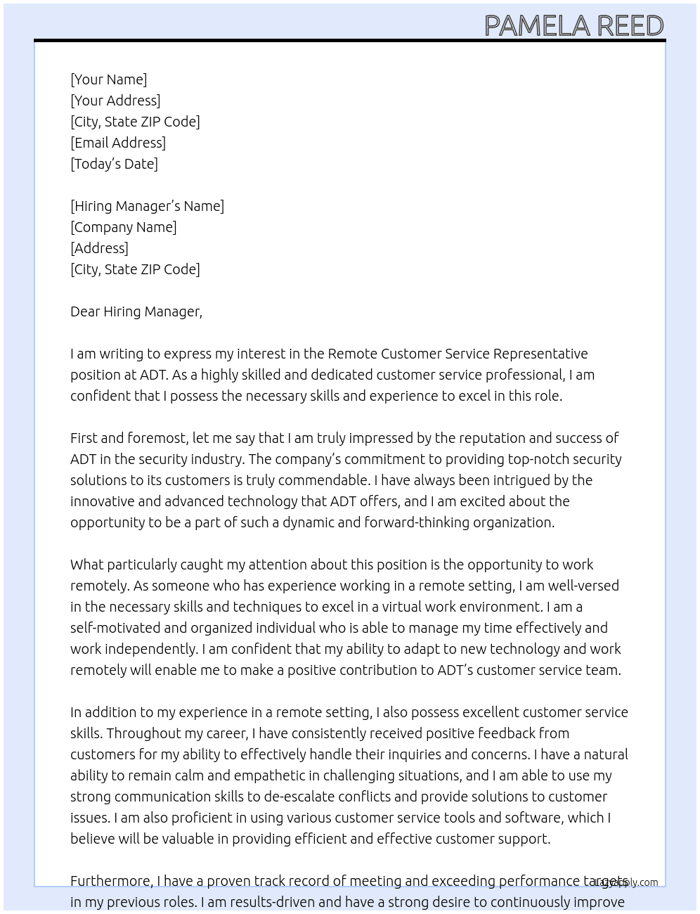 Remote Customer Service Representative At ADT Cover Letter