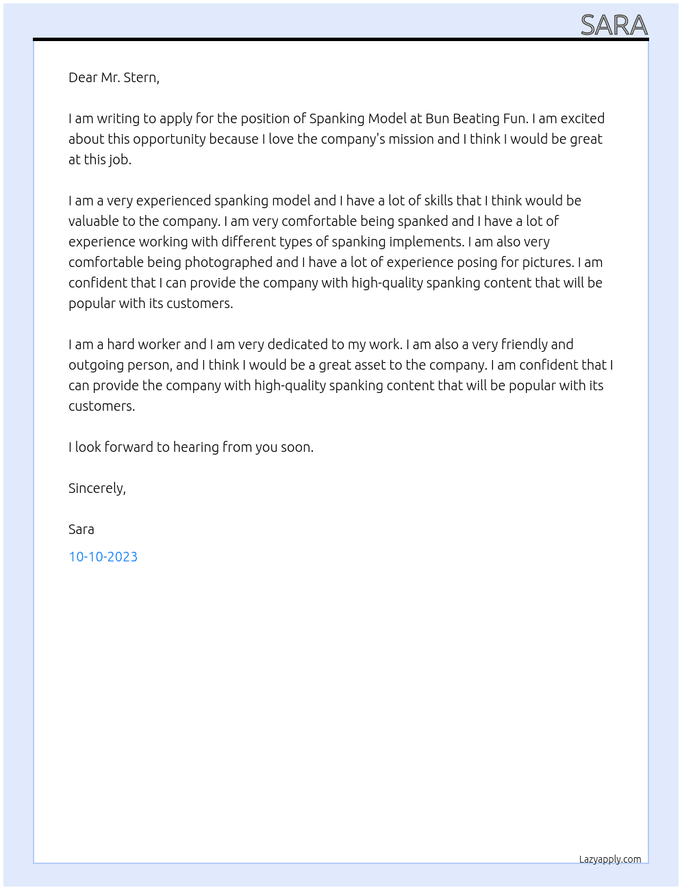 Spanking model At Bun Beating Fun Cover Letter