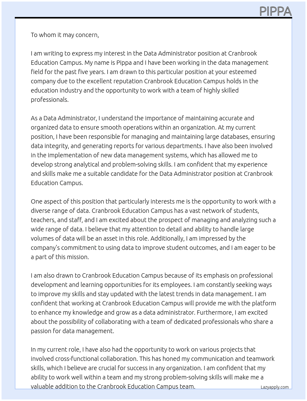 Cover letter for data administrator - LazyApply