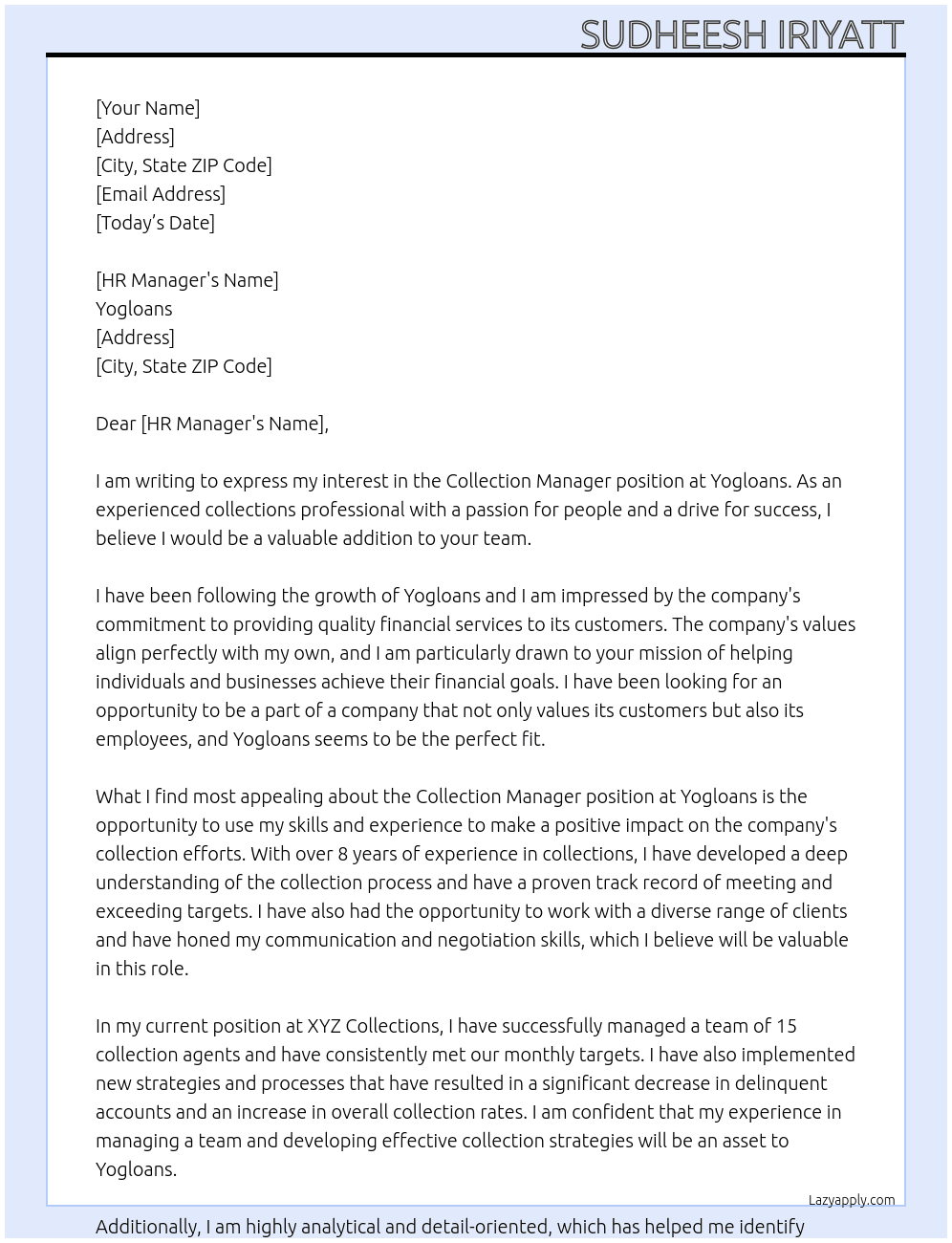 Collection manager  At Yogloans Cover Letter