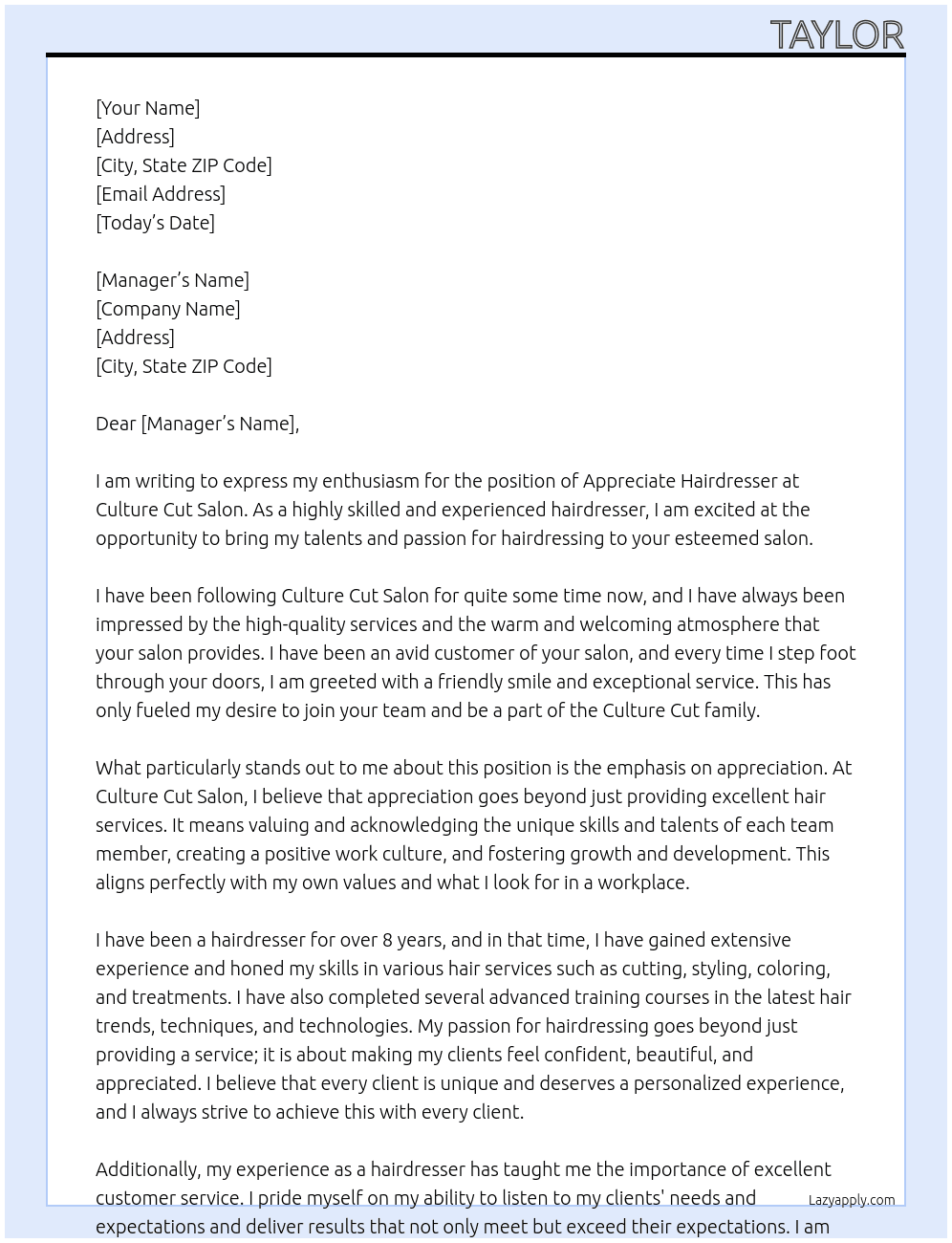 Appreciate hairdresser At Culture cut salon Cover Letter