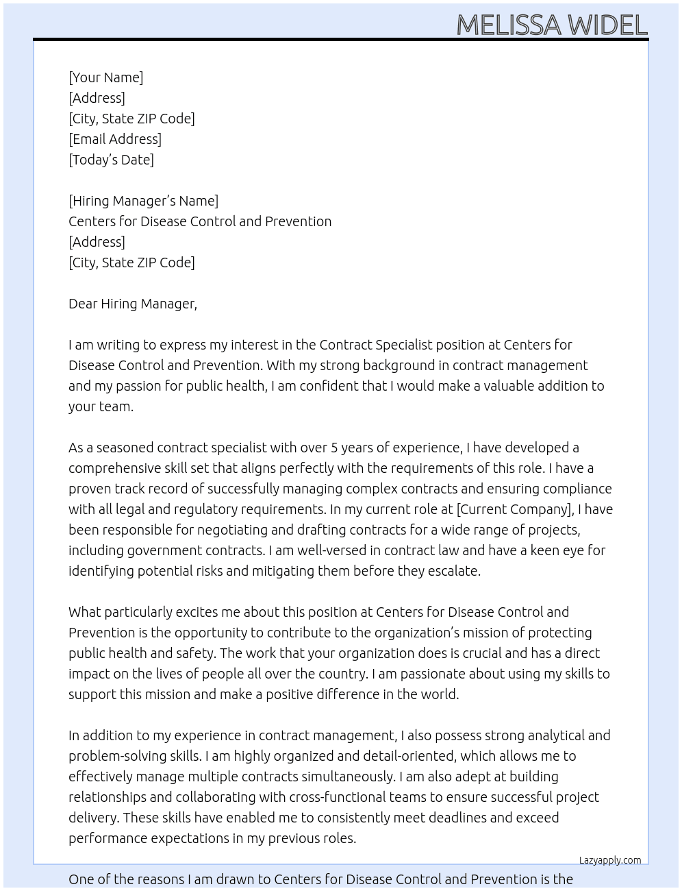 Contract Specialist At Centers for Disease Control and Prevention Cover Letter