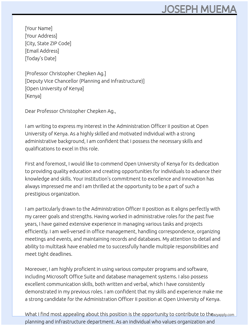 Administration Officer II At Open university of Kenya Cover Letter
