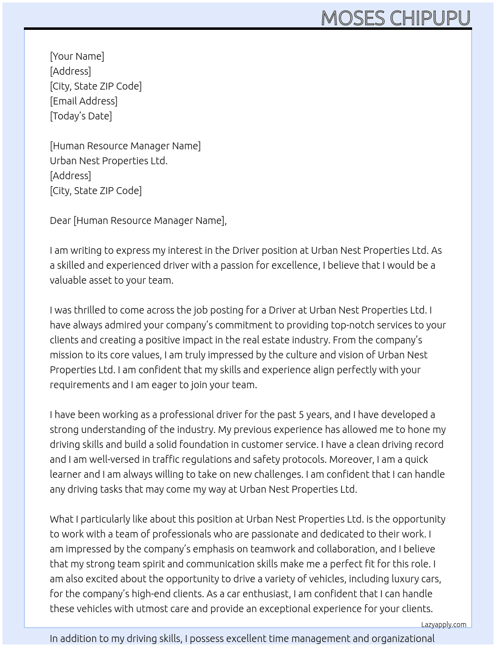 Driver At Urban Nest Properties Ltd. Cover Letter