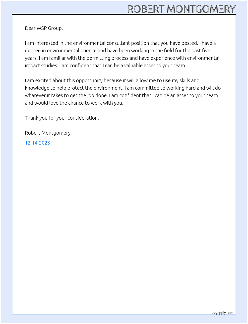 Environmental Consultant At WSP Group Cover Letter
