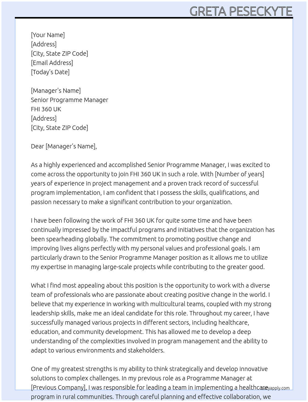 Senior Programme Manager At FHI 360 UK Cover Letter
