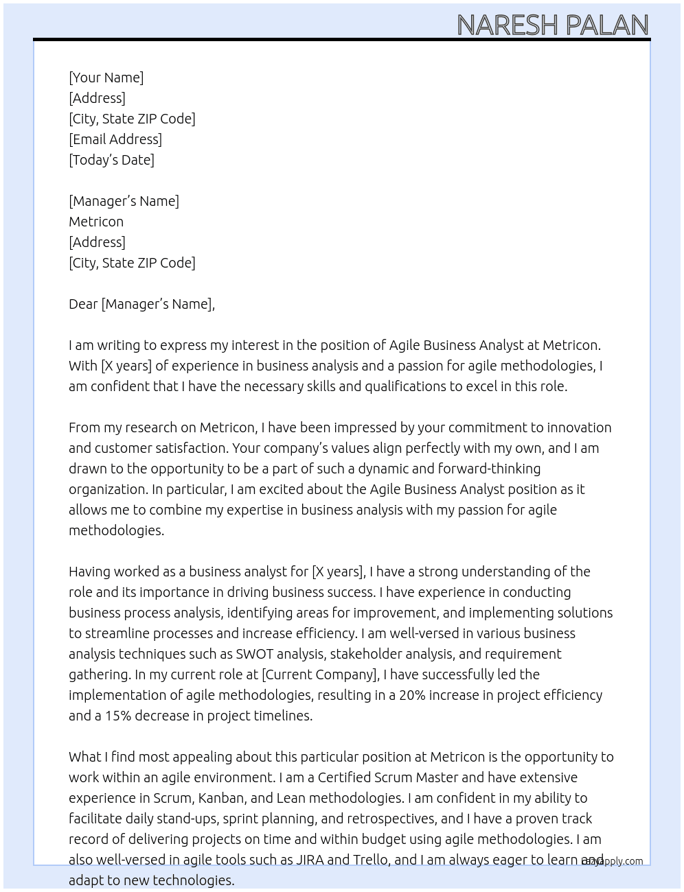 Agile Business Analyst At Metricon Cover Letter