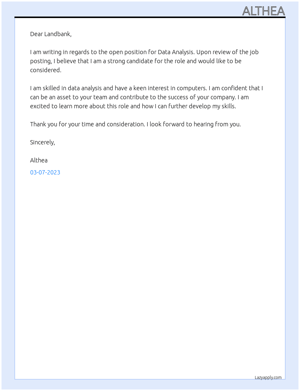 Data analysis  At Landbank Cover Letter