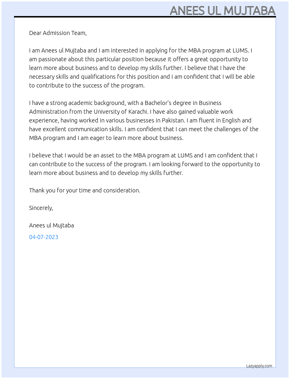 MBA  At LUMS MBA Cover Letter