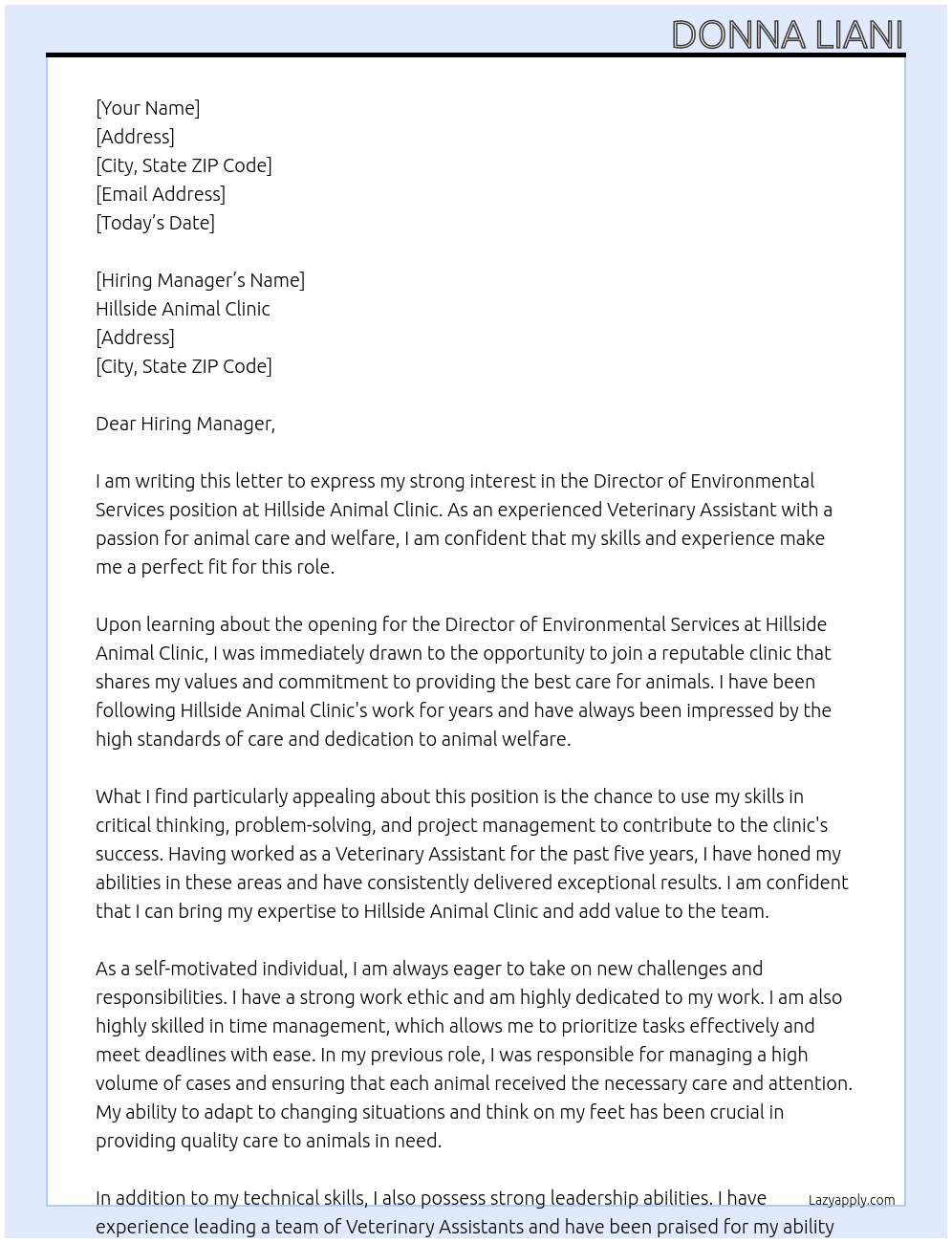 Director of Environmental Services At Hillside Animal Clinic Cover Letter
