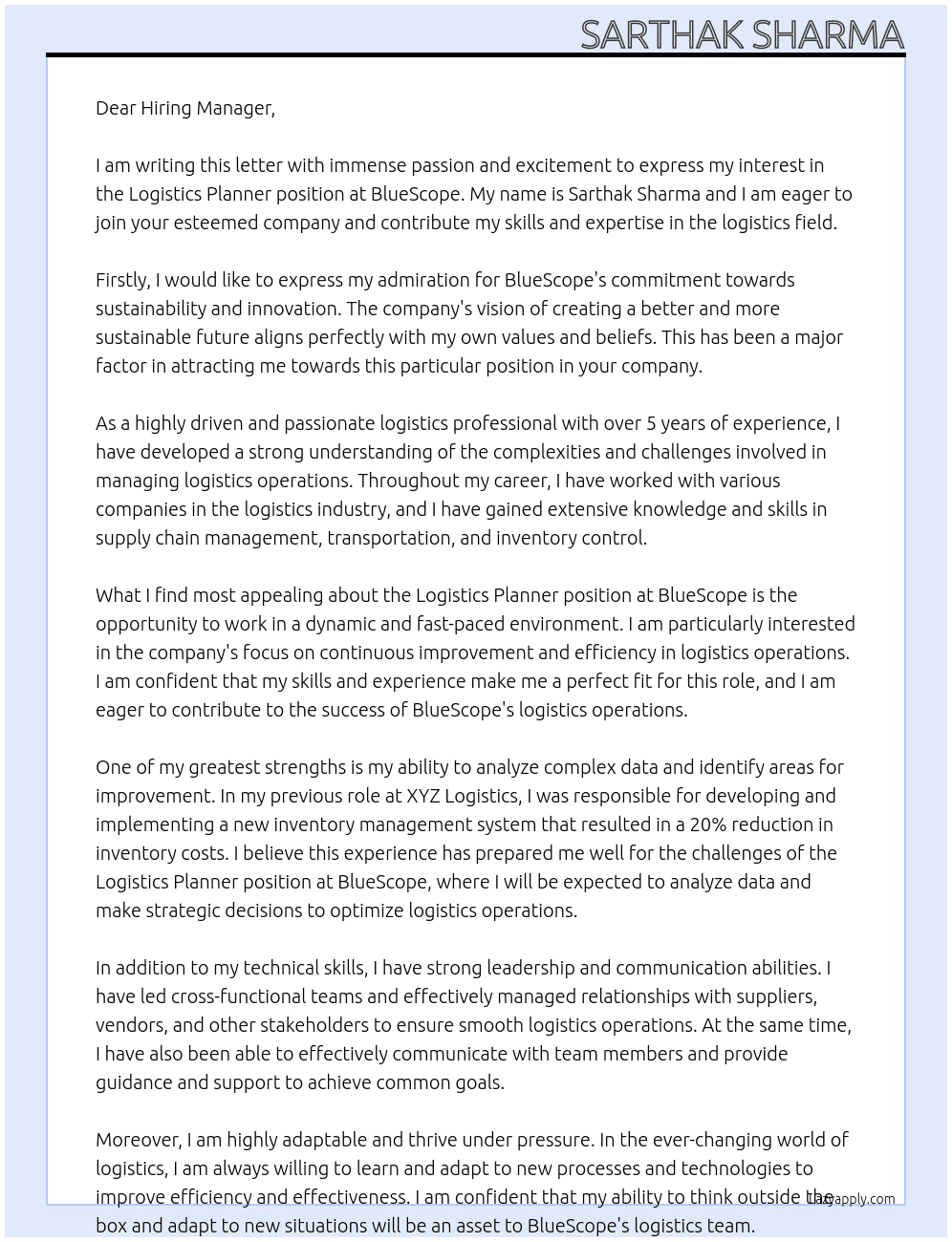 Logistics Planner At BlueScope Cover Letter
