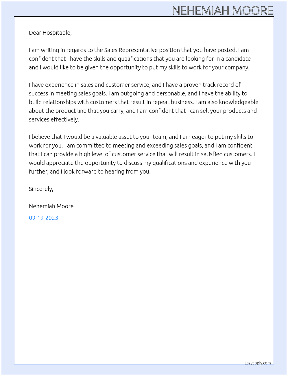 Sales Representative At Hospitable Cover Letter