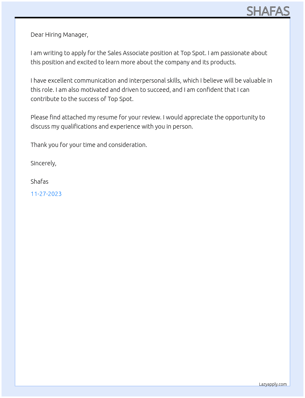 Sales Associate At Top spot Cover Letter