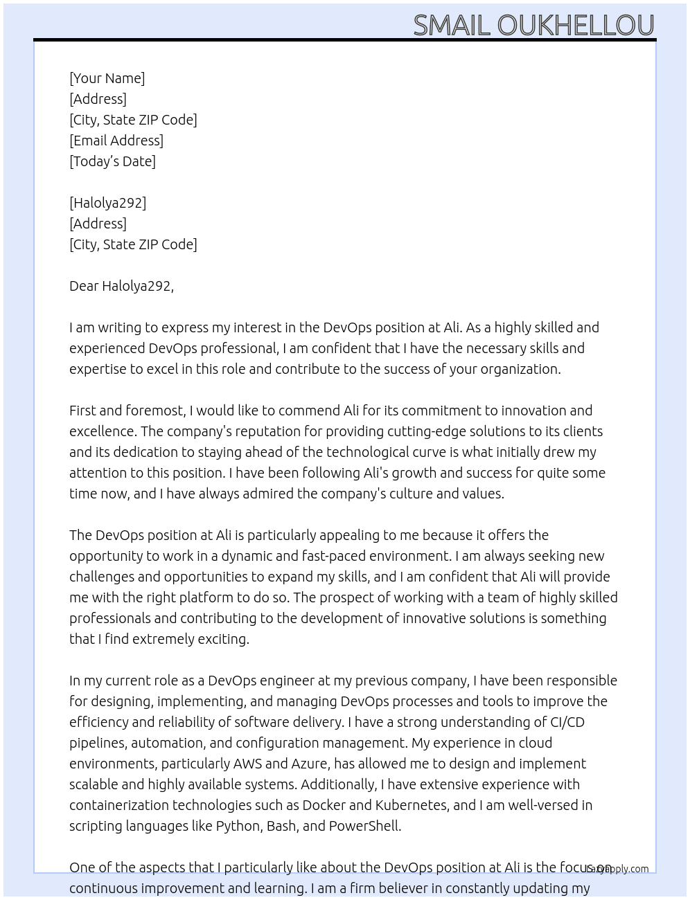 Devops At Ali Cover Letter