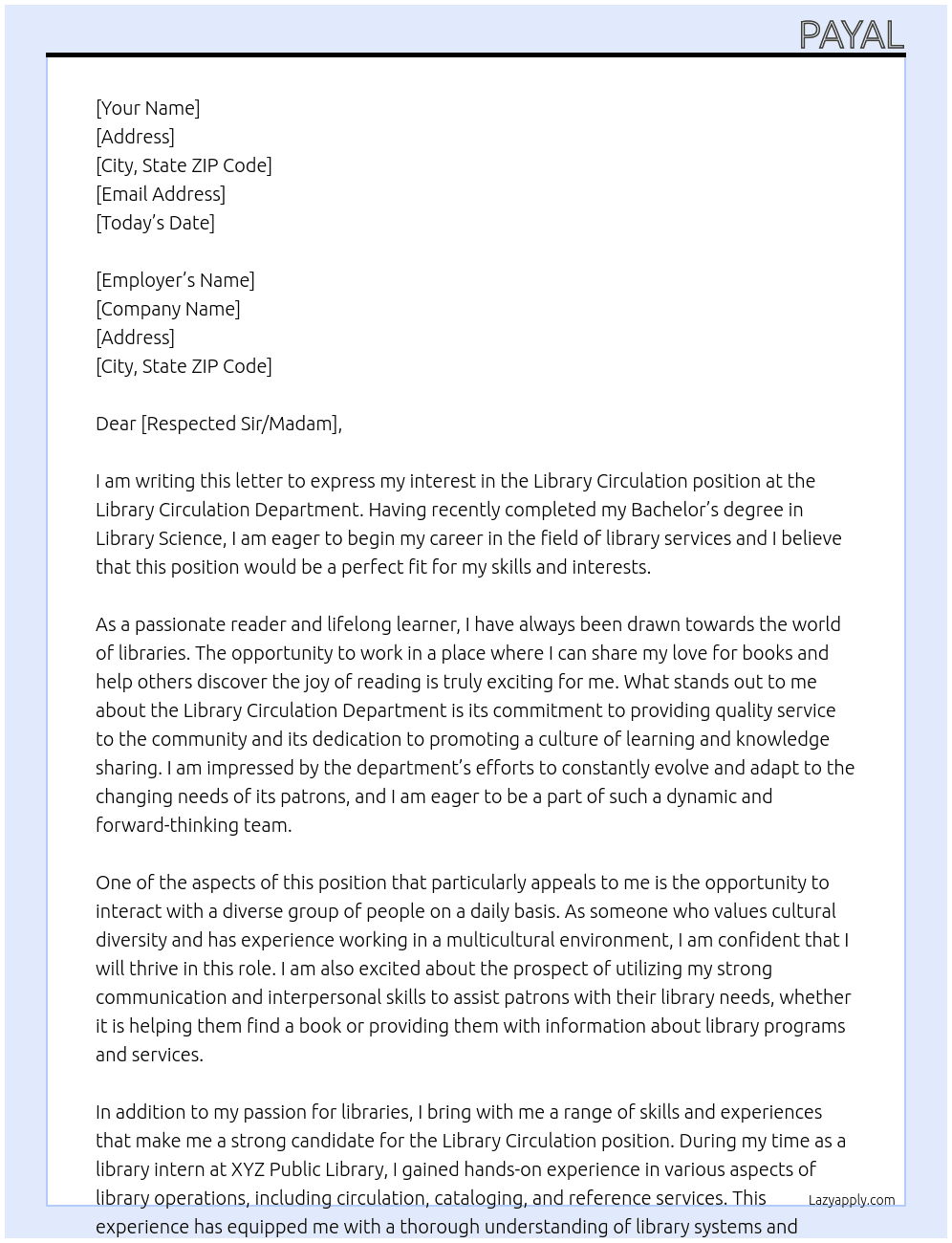 Library Circulation At Library Circulation Department Cover Letter