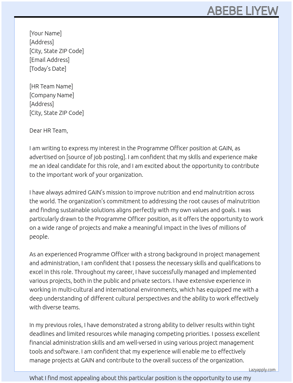 Programme Officer At GAIN Cover Letter