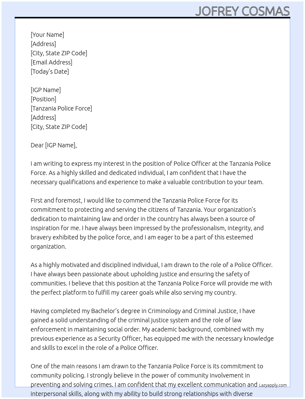 Police officer At Tanzania Police force Cover Letter