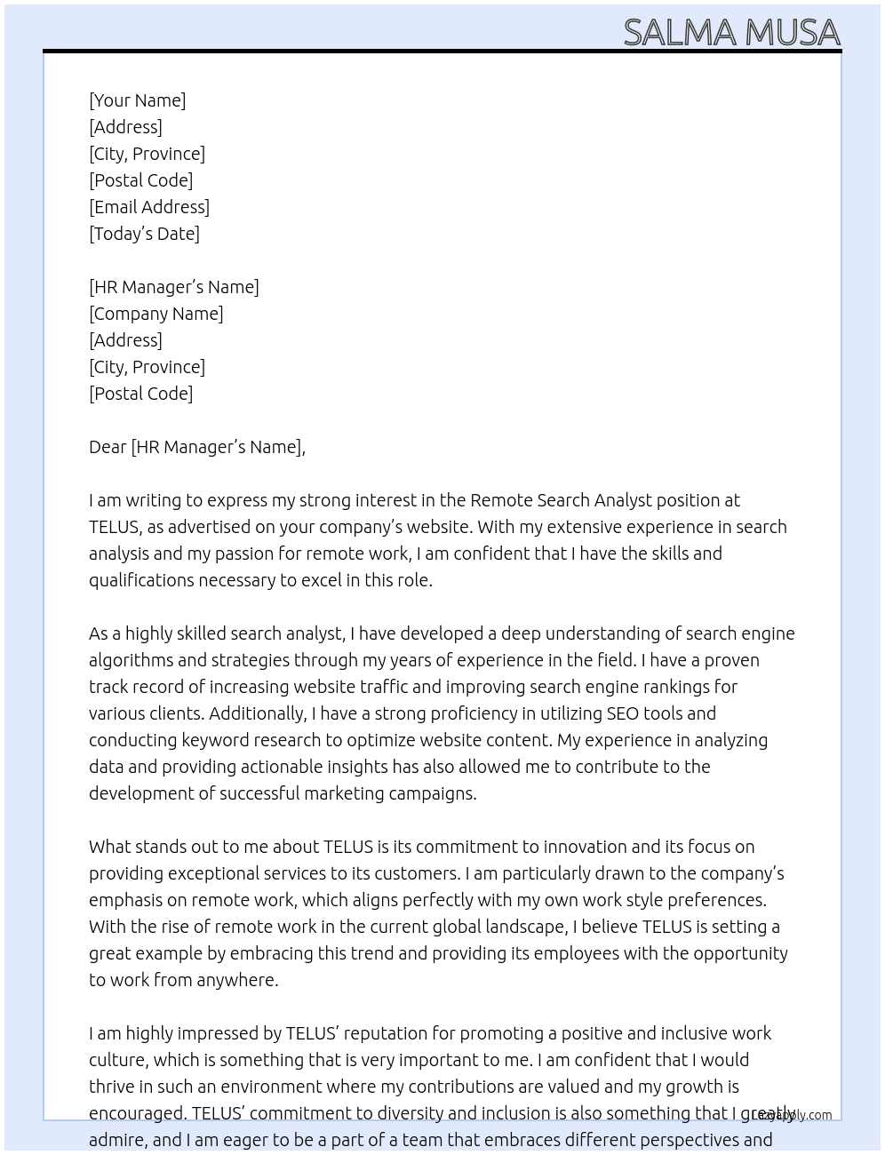 Remote Search Analyst Canada At TELUS Cover Letter