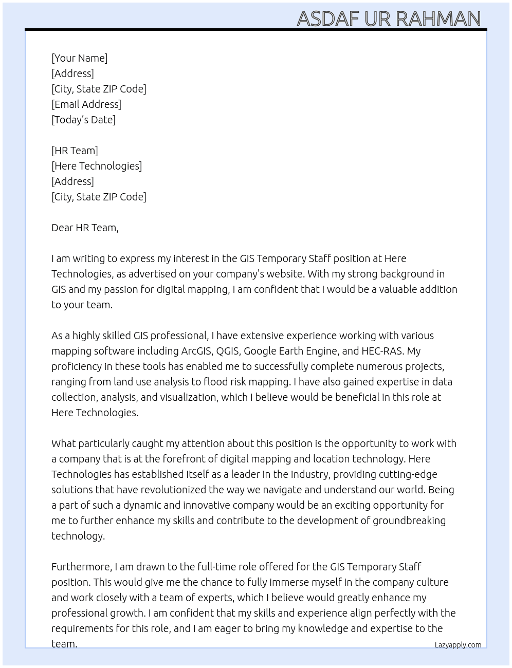 GIS Temporary Staff At Here Technologies  Cover Letter