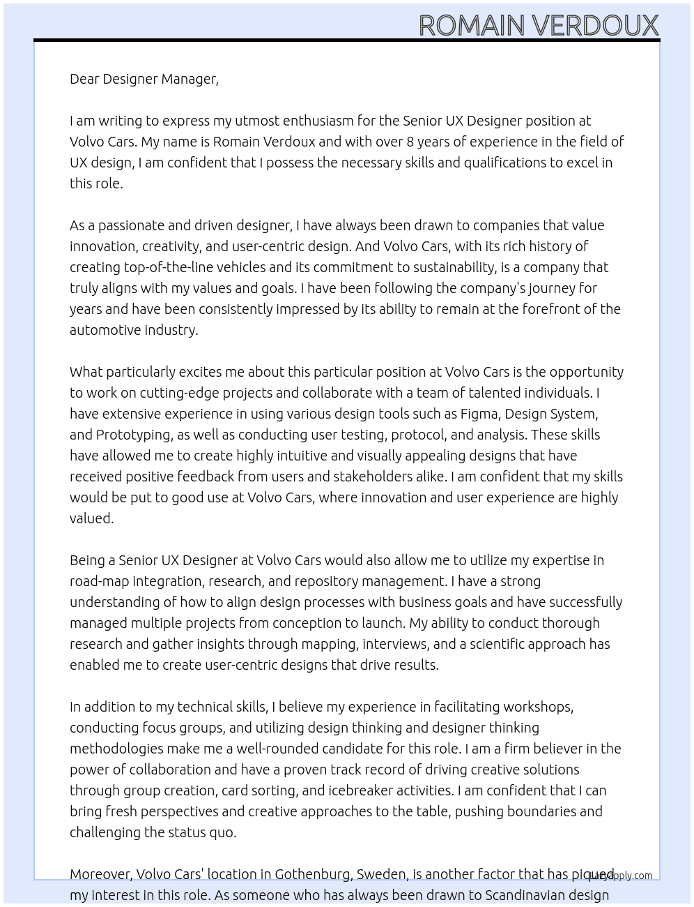 Senior UX Designer At Volvo Cars Cover Letter