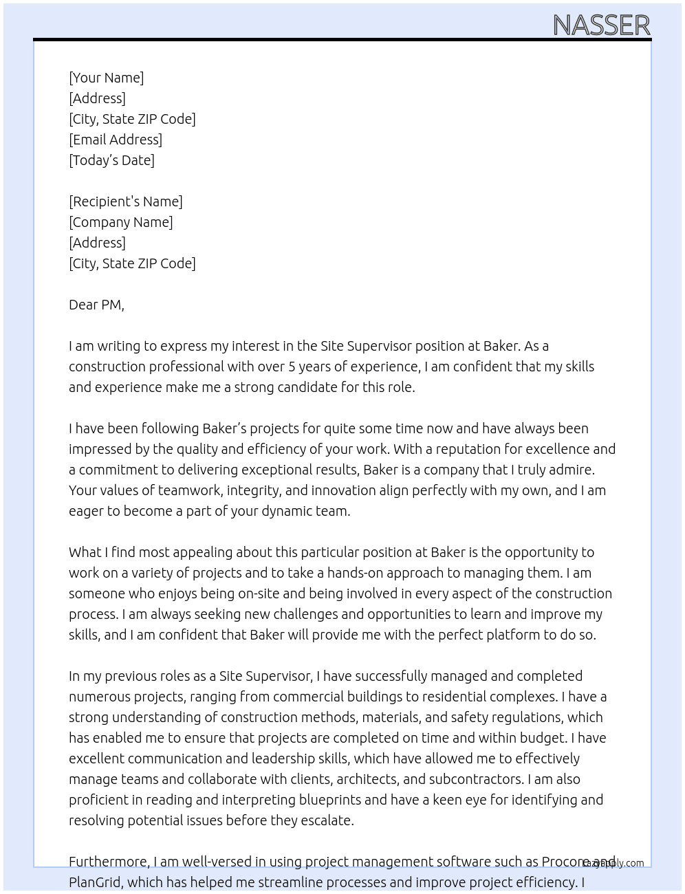 site supervisor At baker Cover Letter