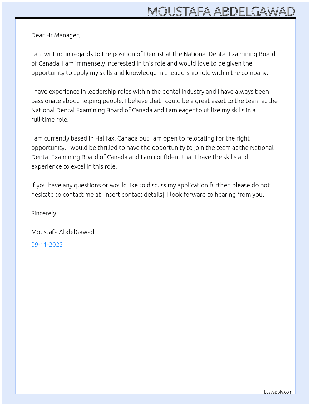 Dentist At National Dental Examining Board of Canada Cover Letter