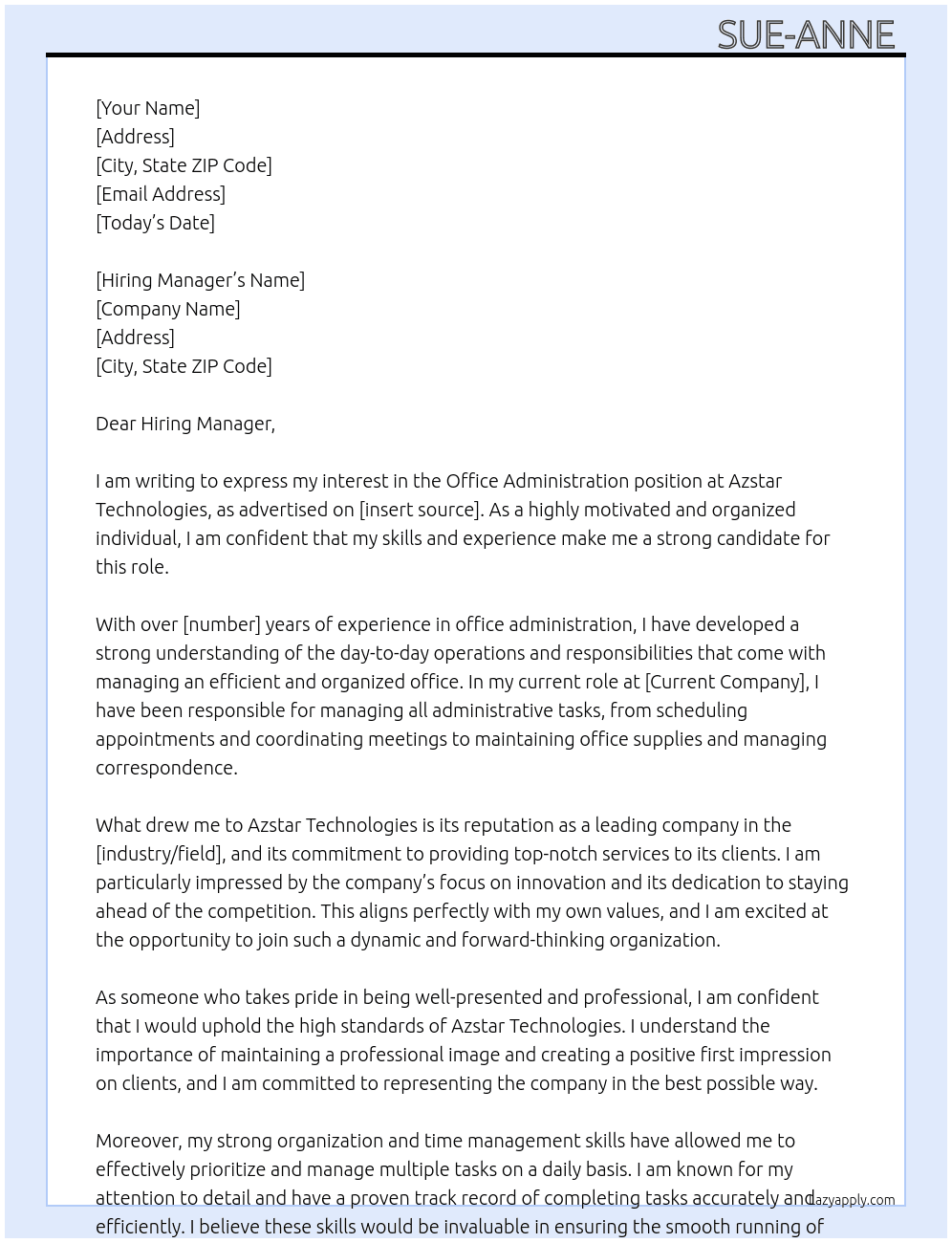 Office administration  At Azstar Technologies Cover Letter
